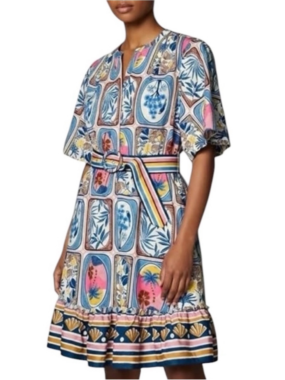 J. Crew Multicolor Graphic Belted Short Sleeve Dress